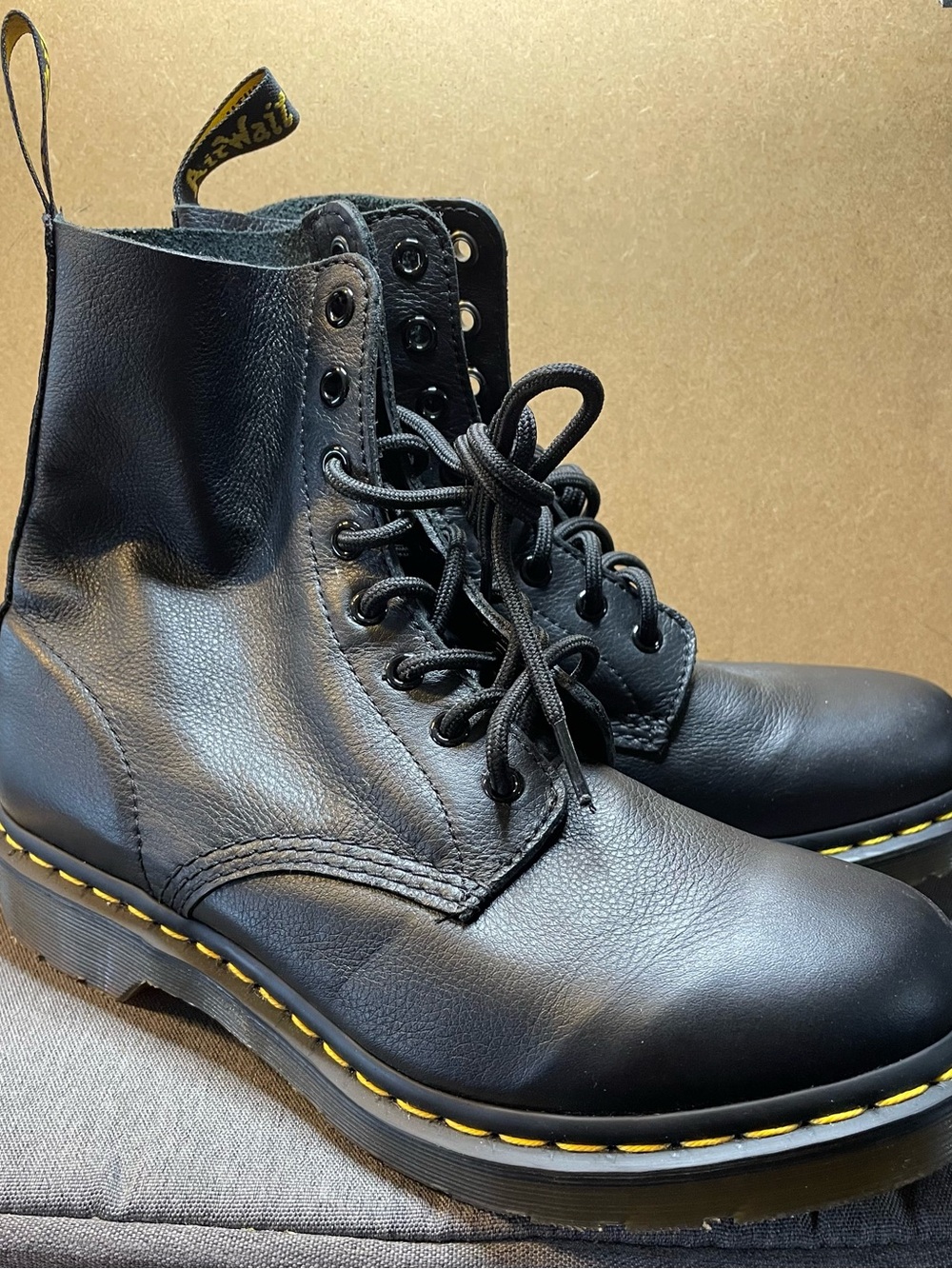 Dr. Martens Black Leather 8-Eye Lace-Up Boots with Yellow Stitching